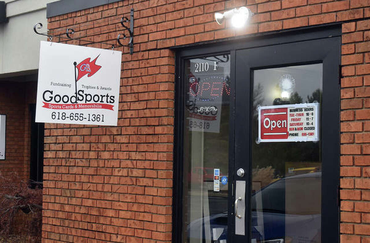 The entrance to GoodSports Sports Cards and Memorabilia at its new location at 2110 Troy Road, Suite F in Edwardsville.