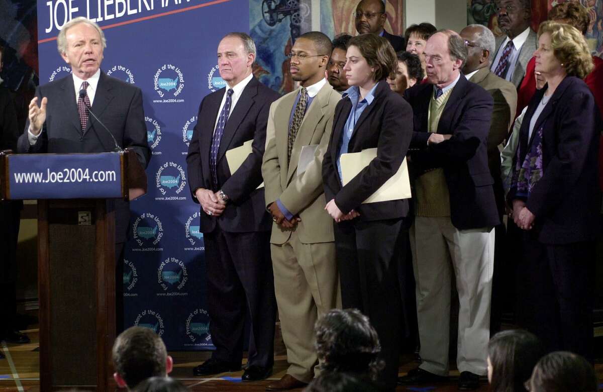U.S. Sen. Joe Lieberman announces his candidacy for president of the United States as former and current Stamford High School students, including Bob Kennedy (second from right) look on at the school in January 2003.