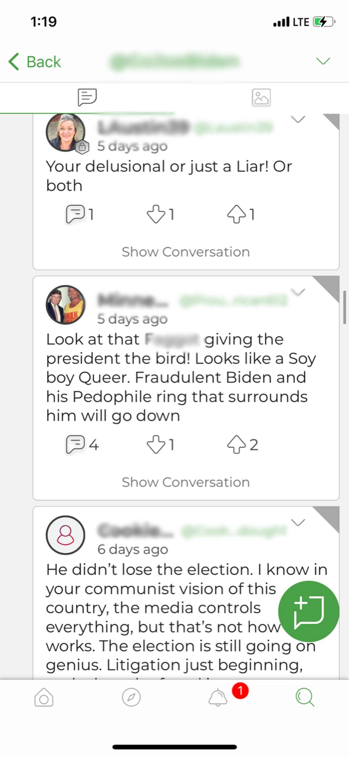 A screenshot showing some of the discourse that is common on Parler, a new social media app aimed at conservative users disillusioned with Facebook and Twitter.