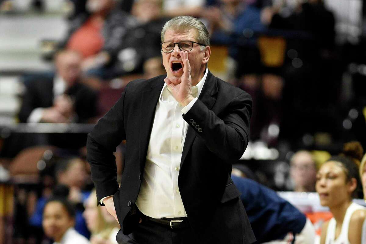 FILE - This March 7, 2020, file photo shows Connecticut head coach Geno Auriemma during an NCAA college basketball game in the American Athletic Conference tournament quarterfinals at Mohegan Sun Arena, in Uncasville, Conn. UConn has not had seven first-year players on its roster since back in 1988, the year the Huskies won the first of their 18 Big East titles. No. 3 Connecticut returns this season to the league it helped build with a young, but talented team after playing seven years in the American Athletic Conference without a conference loss.(AP Photo/Jessica Hill, File)