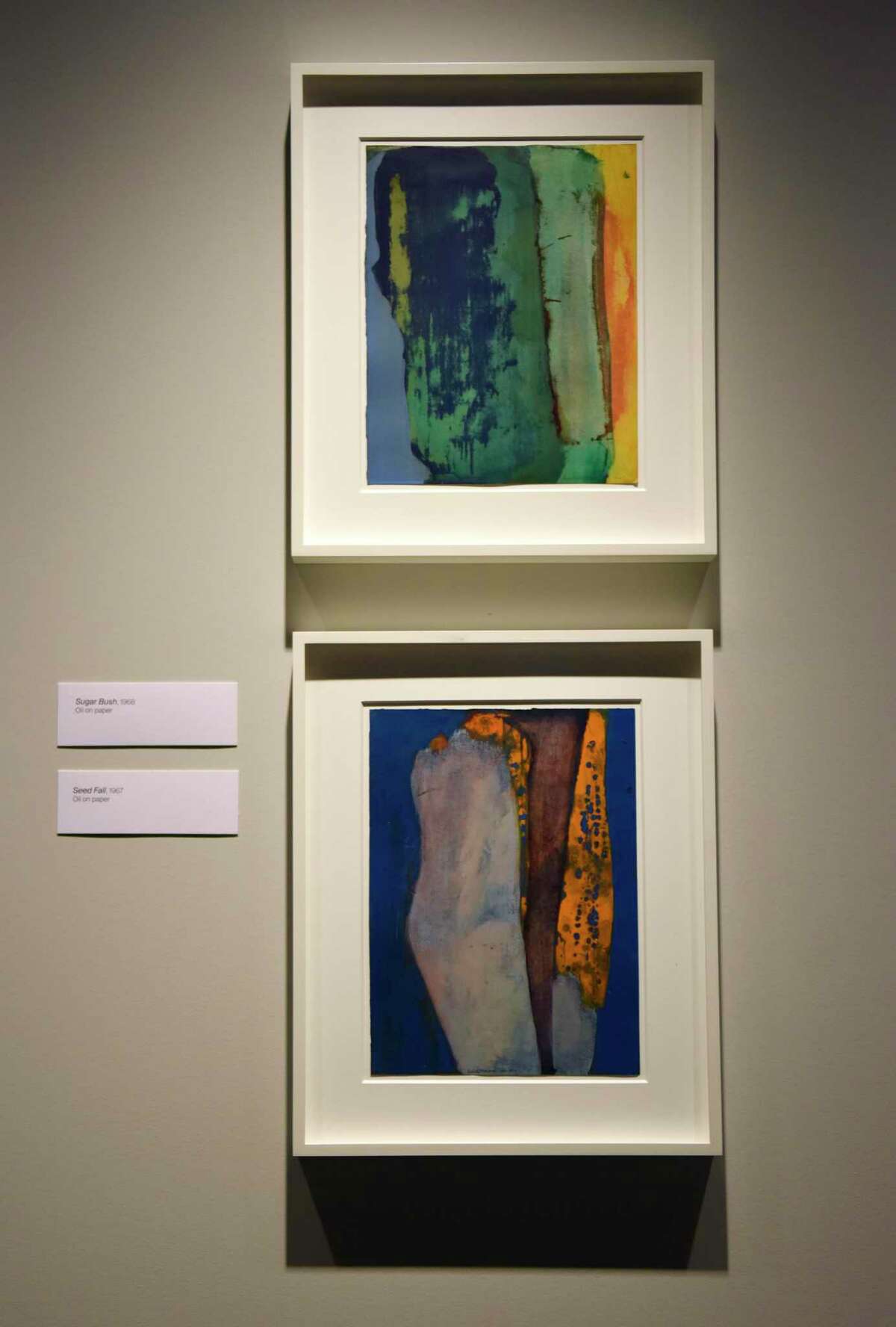 Emily Mason's 1968 painting "Sugar Bush," top, and 1967 painting "Seed Fall," bottom, are displayed at the new exhibition "She Sweeps with Many-Colored Brooms” featuring paintings and prints by Emily Mason at the Bruce Museum in Greenwich, Conn. Thursday, Nov. 19, 2020. Emily Mason (1932-2019) was born into a family of renowned artists stretching back to early American Republic painter John Trumbull as well as her mother, the acclaimed abstract painter Alice Trumbull Mason. Her own artistic path spans a variety of art movements including abstract expressionism and color field painting.