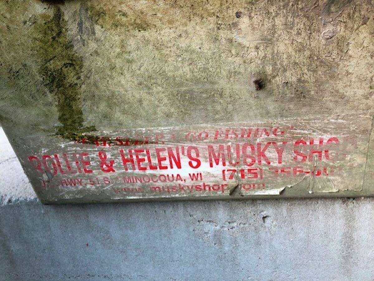 This sticker on Ron Berry's tackle box, "Rollie & Helen's Musky Shop" -- identifying the Wisconsin store he ordered it from 17 years ago -- helped Mark Fales of Fisher Contracting track down Berry after the box was extracted from the debris at the Sanford Dam. (Photo provided/Dolores Porte)