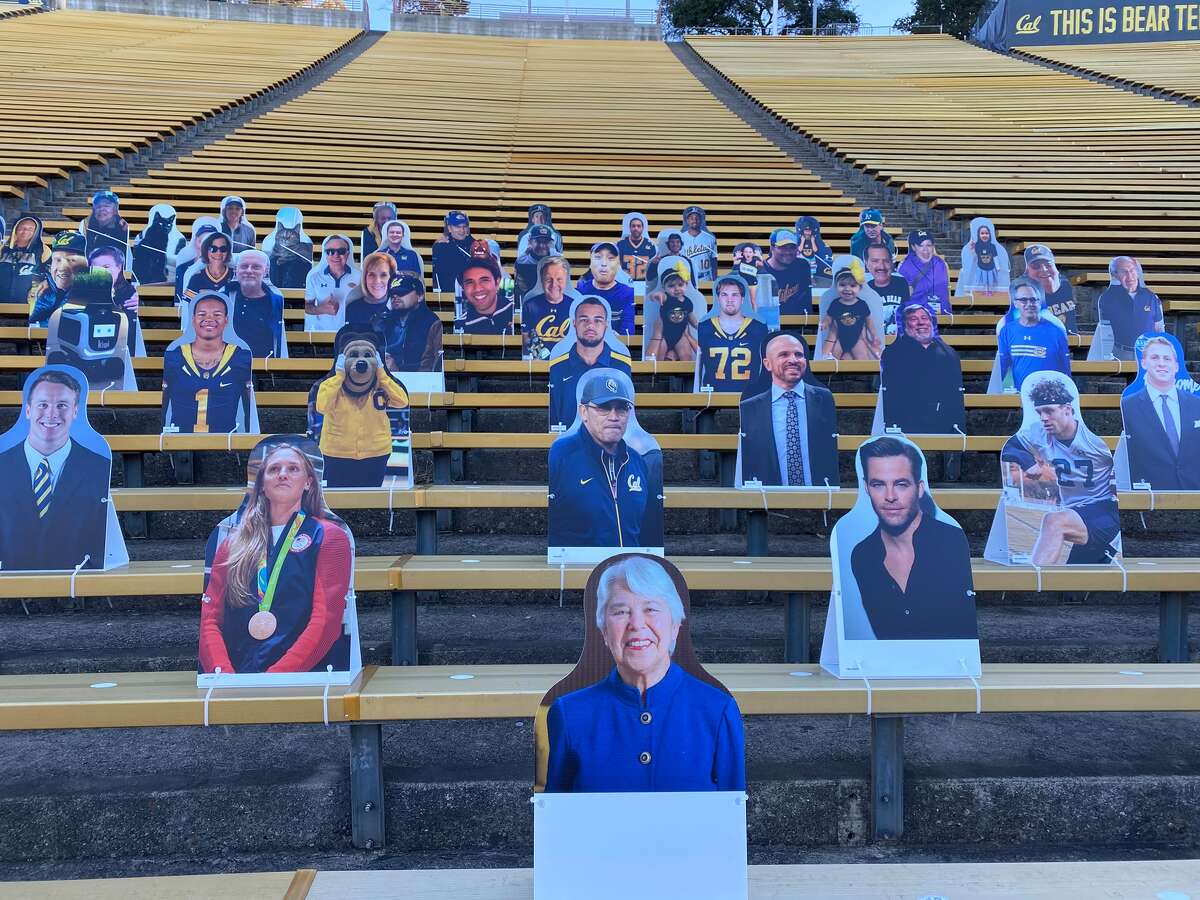 Cardboard cutouts at the 2020 Big Game between Cal and Stanford, including an image of Leonardo DiCaprio in a Cal hat.