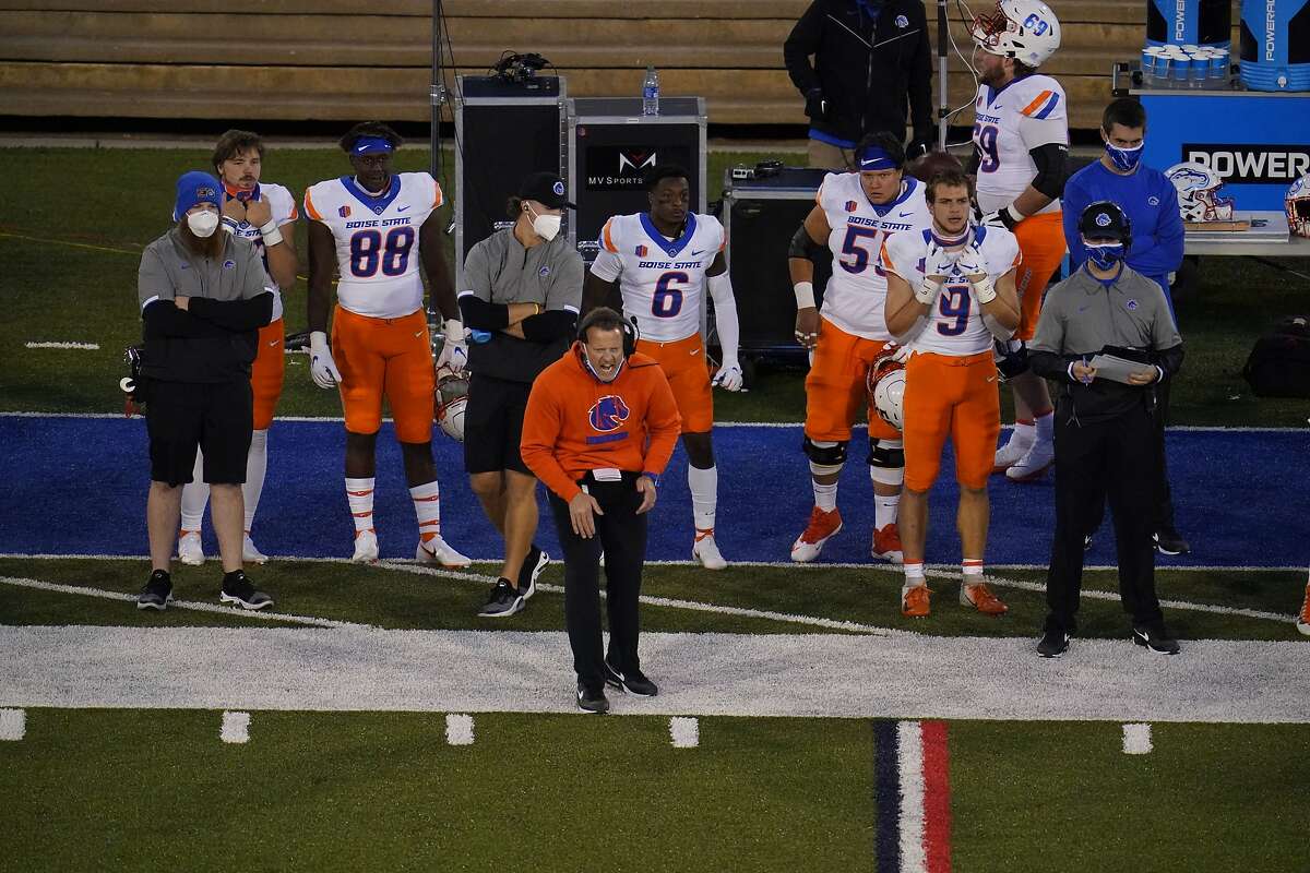 Boise State head coach Bryan Harsin in the second half of an NCAA college football game Saturday Oct. 31 2020, at Air Force Academy, Colo. Boise State won 49-30. (AP Photo/David Zalubowski)