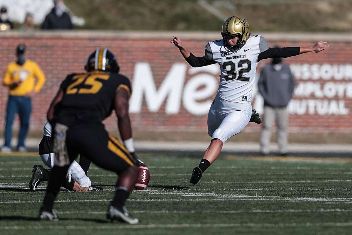 Vanderbilt's Sarah Fuller, the first woman to play in a Power Five football game, kicks off at Missouri.