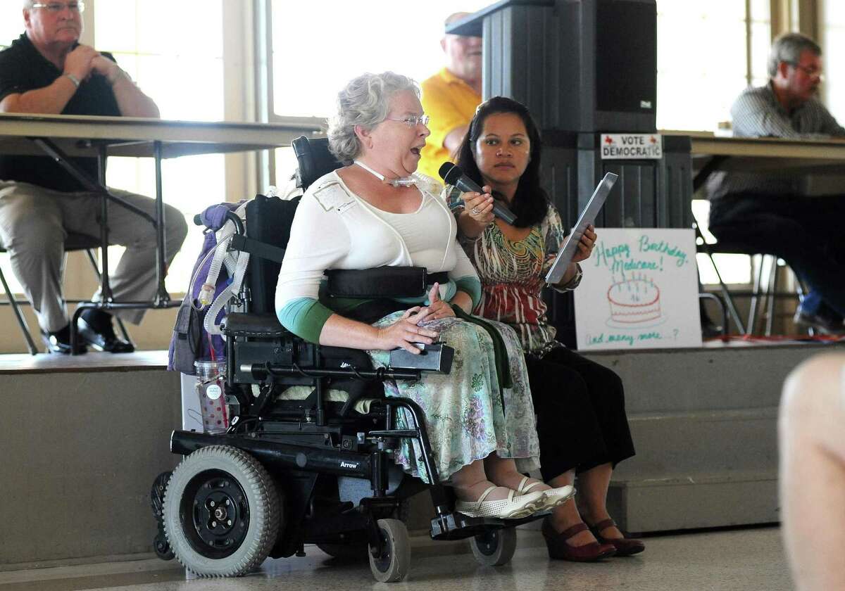 Margaret A. Nosek, Ph.D. executive director, Center for Research on Women with Disabilities speaks to the crowd during a Democratic rally on the subject of Medicare in League City Saturday July, 23.