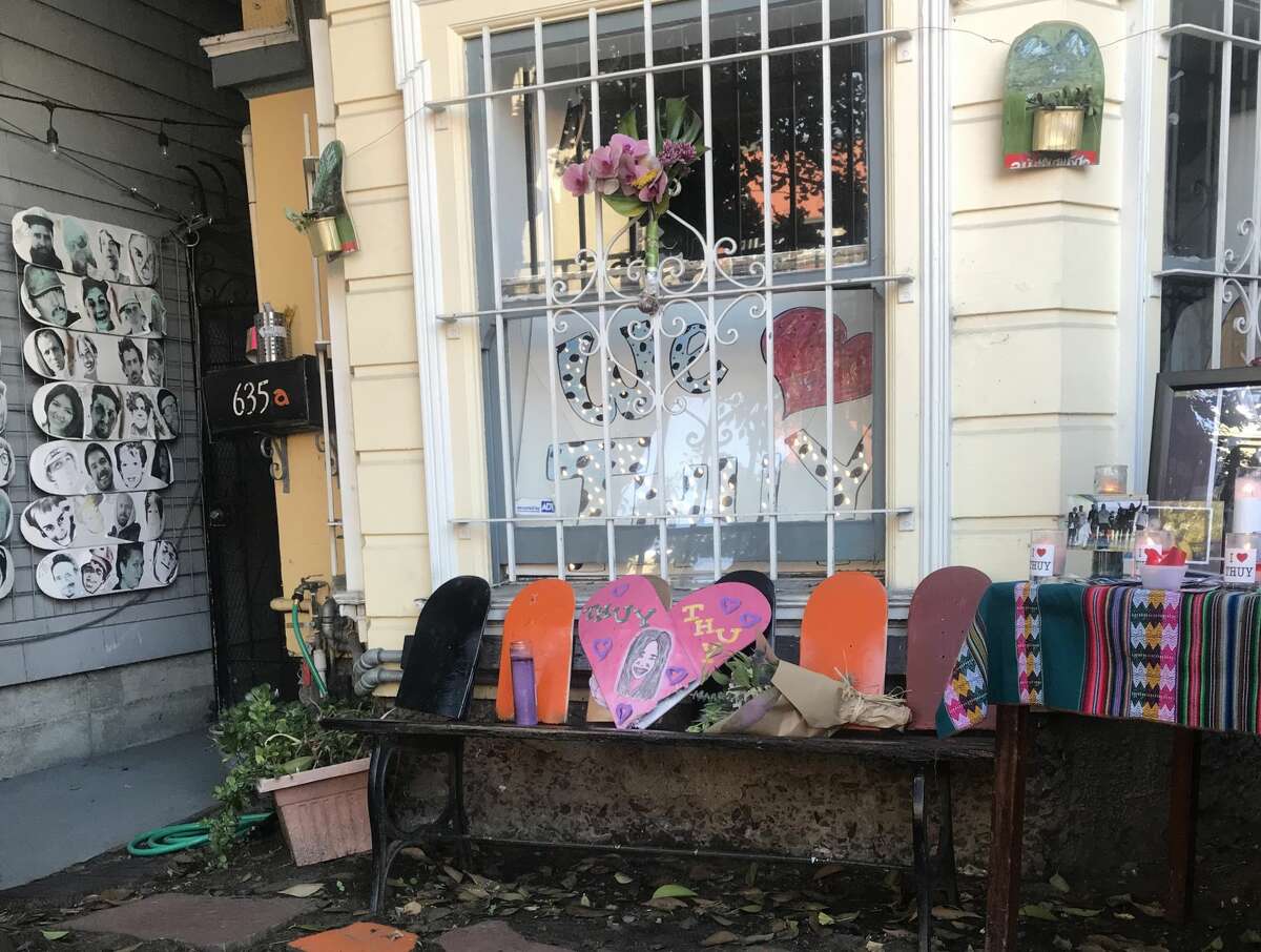 A memorial in front of SF Skate Club.