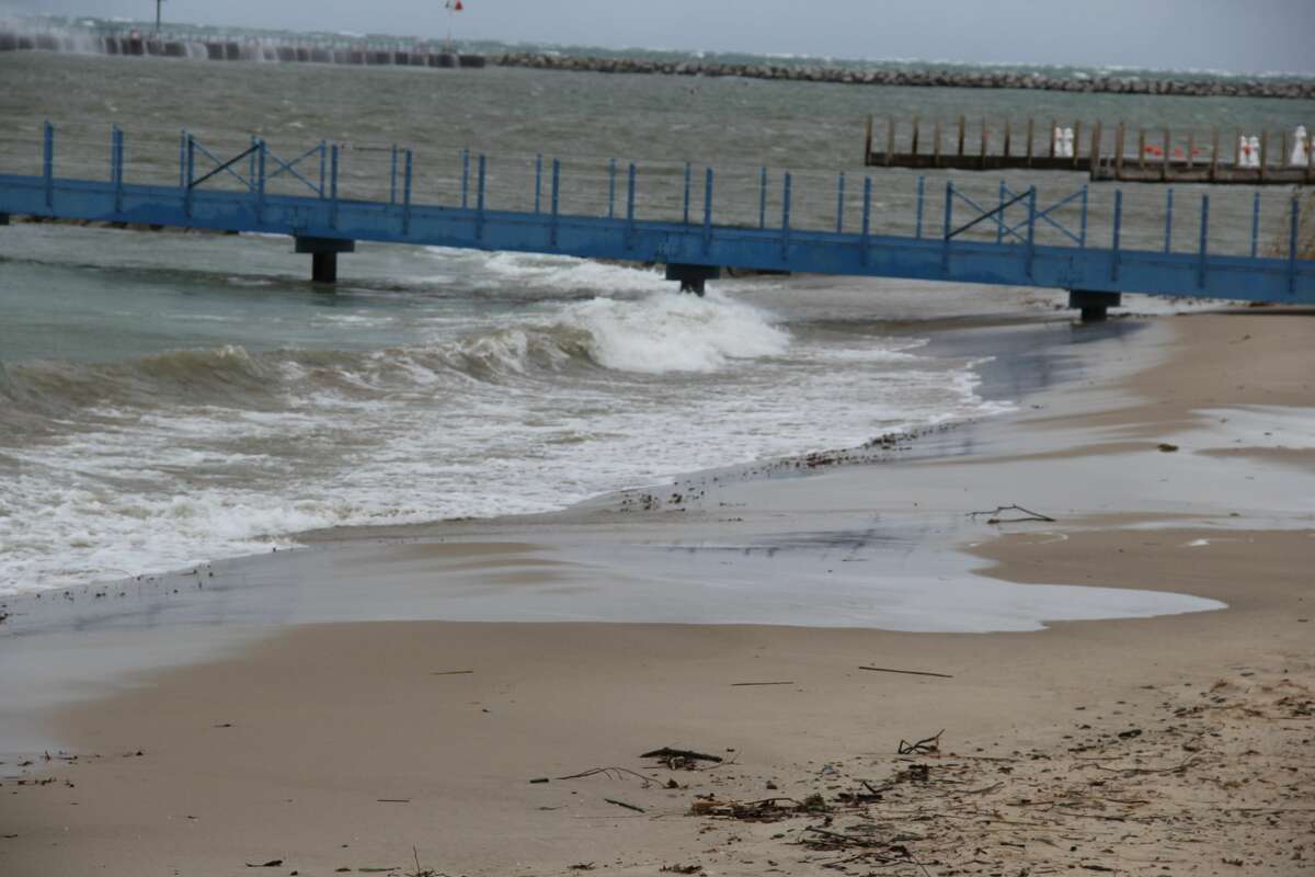High winds off of Lake Huron pushed many waves onto the shores of Port Austin and its breakwall on Monday morning. A lakeshore flooding warning is in effect until noon on Tuesday, which may see winds of up to 35 mph or more.