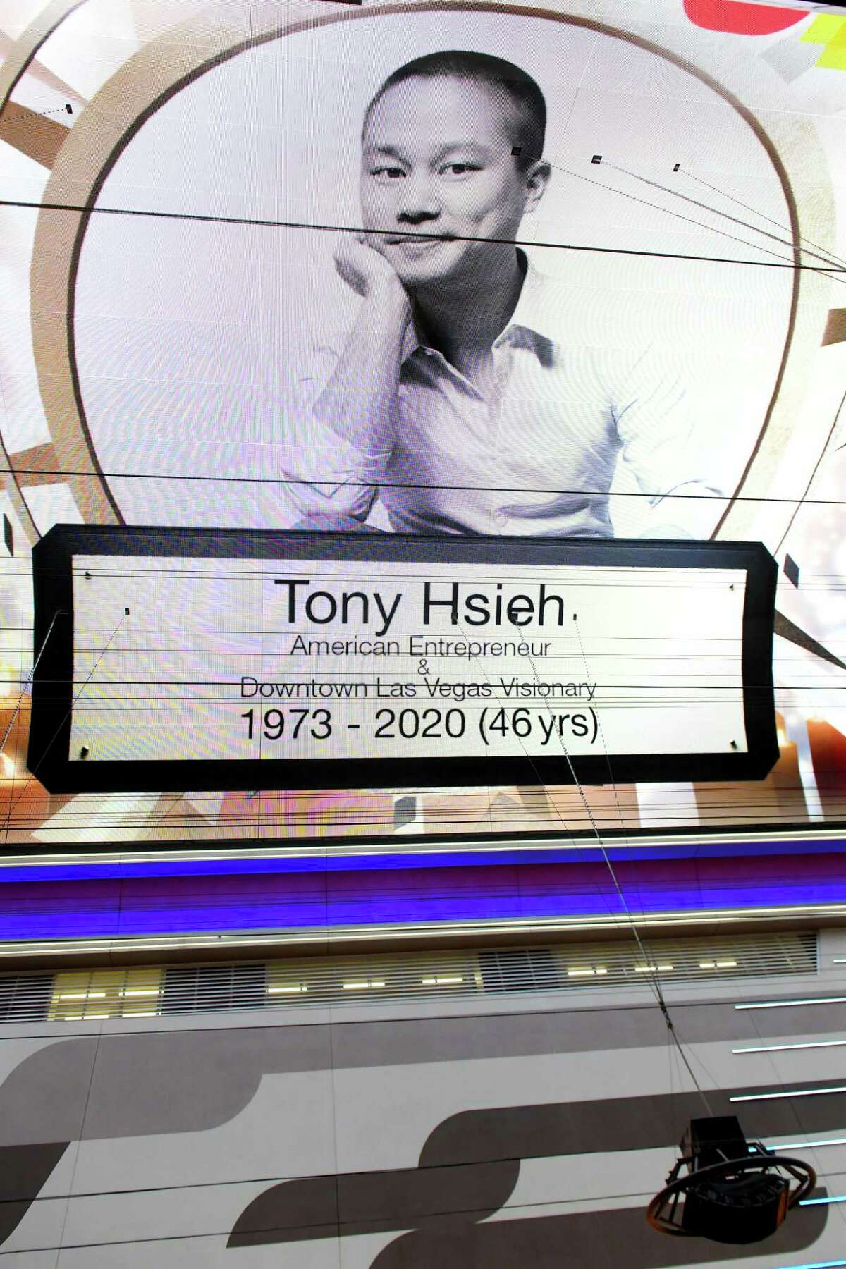 LAS VEGAS, NEVADA - NOVEMBER 28: A tribute to tech entrepreneur Tony Hsieh is displayed on the Fremont Street Experience attraction's Viva Vision screen on November 28, 2020 in Las Vegas, Nevada. Hsieh, the former CEO of Zappos.com, known for his role in the revitalization of downtown Las Vegas, died on November 27, 2020, at age 46.