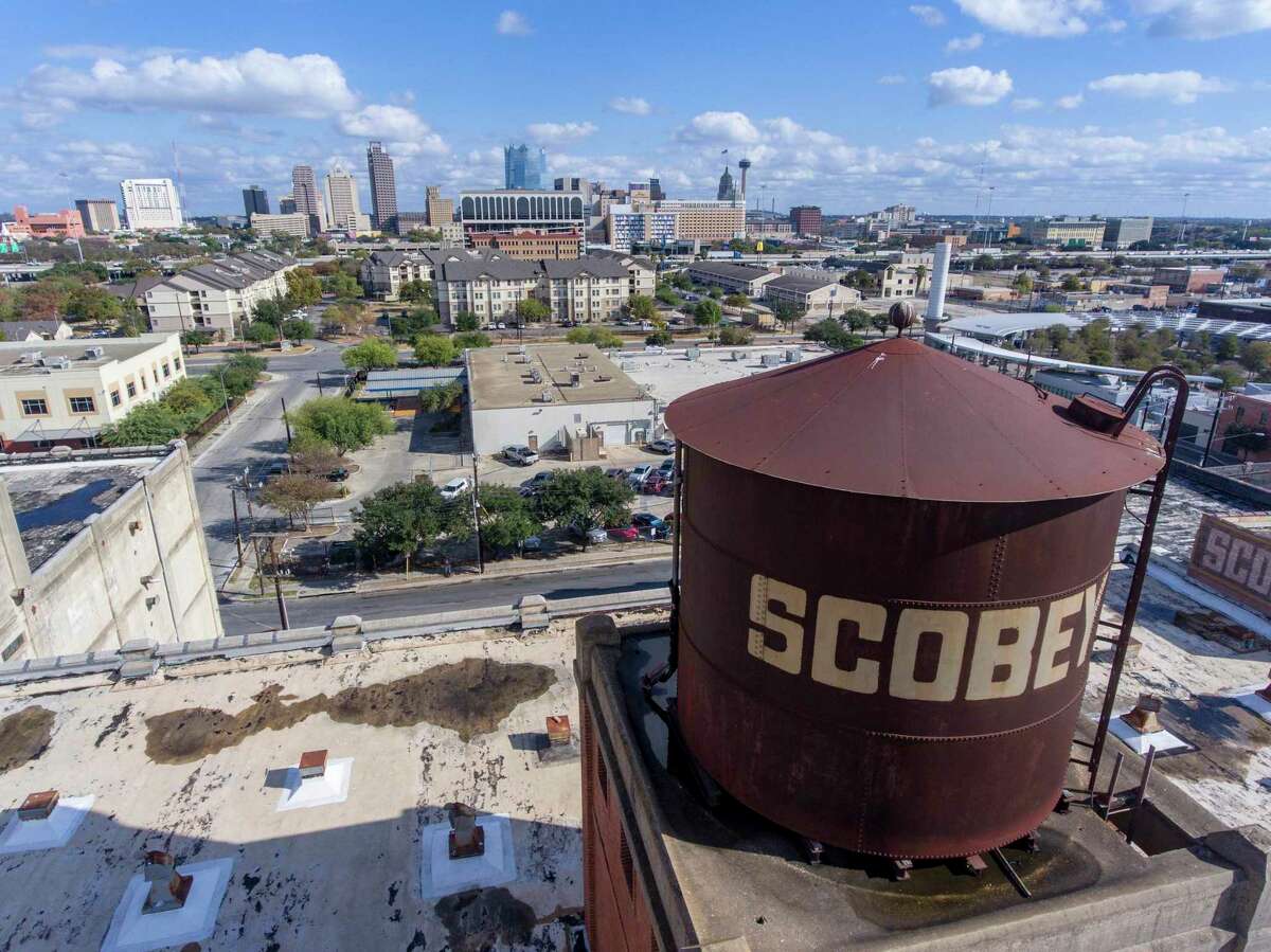 Downtown San Antonio is seen Nov. 23, 2020 behind the Scobey complex on the city's near West Side.