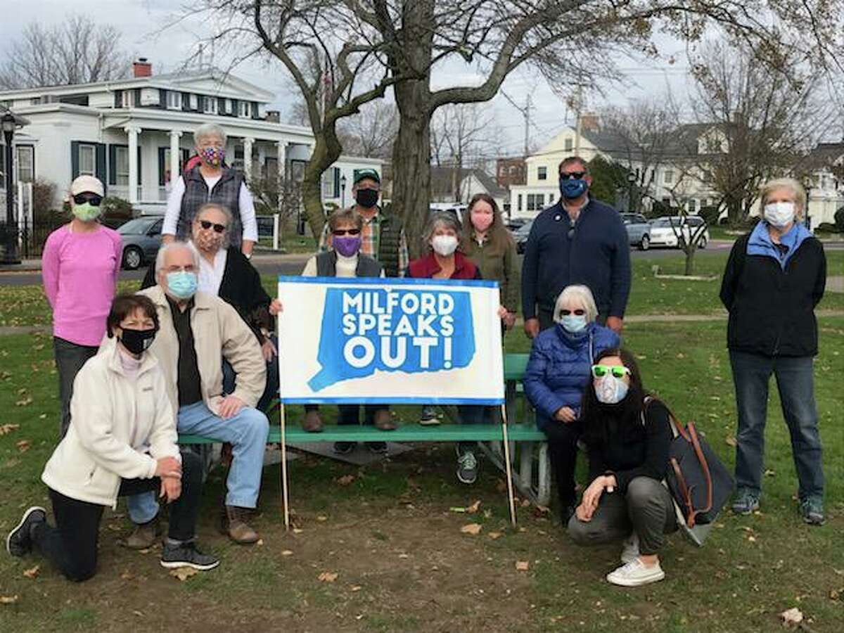 Some members of Milford Speaks Out. Far left, Jeanne Cervin, far right, Laura Fucci.