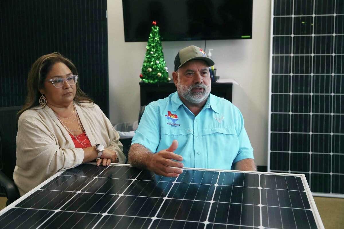 Melissa Gonzales, 53, and her husband, Chuck Gonzales, 63, talk about their company, Solar Electric Texas. The couple run the business along with their sons and his brother. The company sells residential and commercial solar panel systems and their installation. They also provide monitoring and repair of solar power systems.