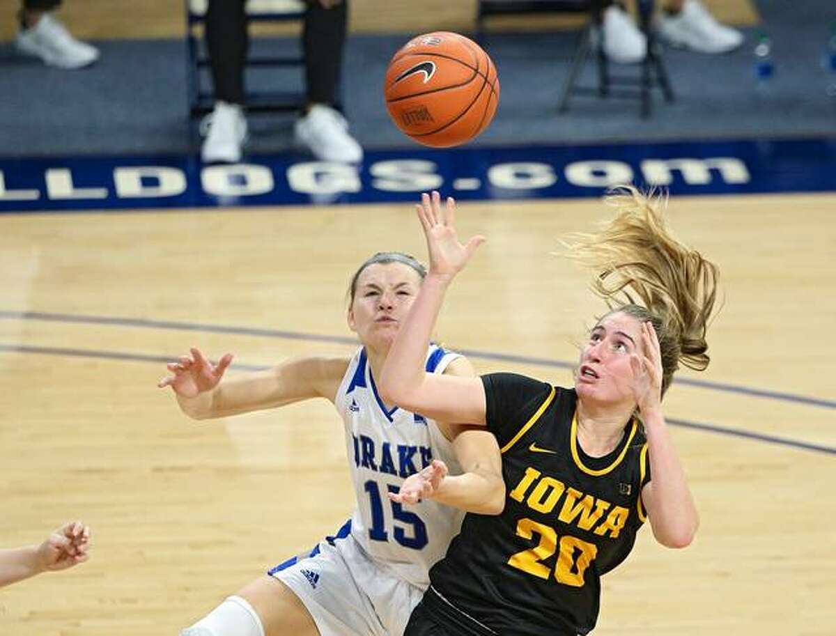Iowa guard, right, Kate Martin in action against Drake.