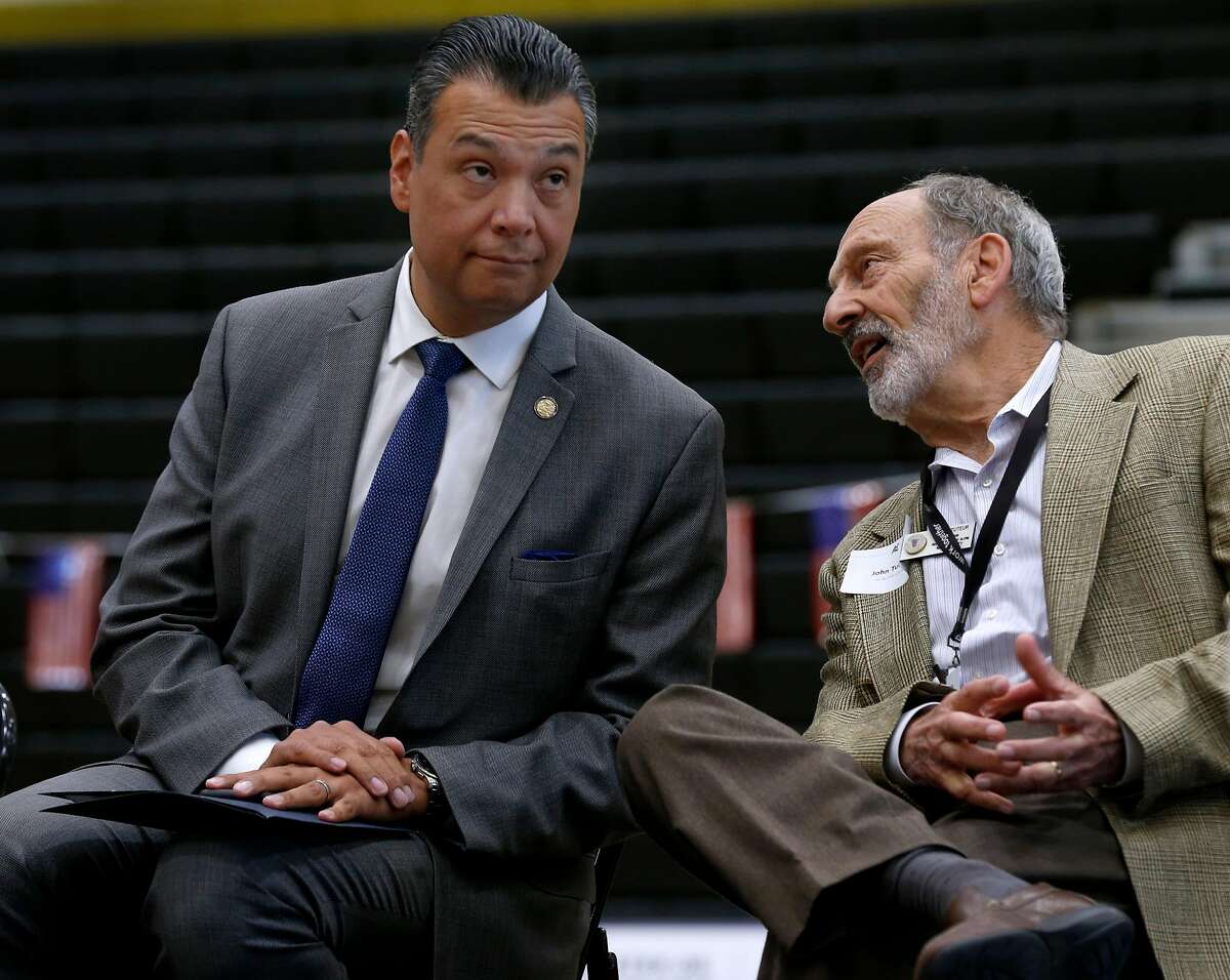 California Secretary of State Alex Padilla chats on stage with Napa County Registrar of Voters John Tuteur at a voter registration rally for students at American Canyon High School in American Canyon, Calif. on Thursday, April 26, 2018.