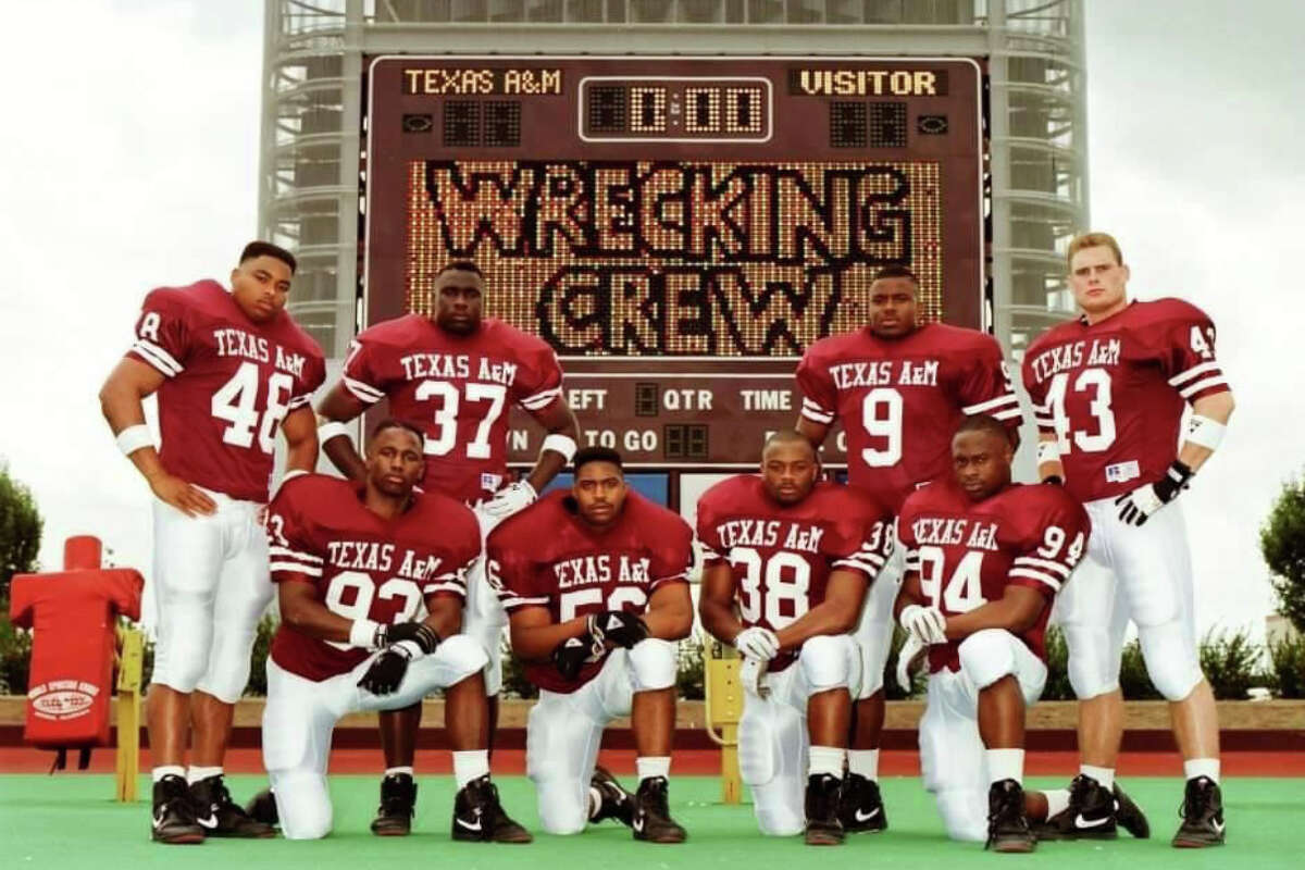 Steve Solari (94) was a key member of Texas A&M's memorable "Wrecking Crew" defenses of the early 1990s. He was fondly remembered by Aggies teammates and coaches after his death this week at age 49. The other players pictured are (top row, from left) Jessie Cox, Larry Jackson, Marcus Buckley and Jason Atkinson and (bottom row, from left) Antonio Armstrong, Otis Nealy and Reggie Graham.