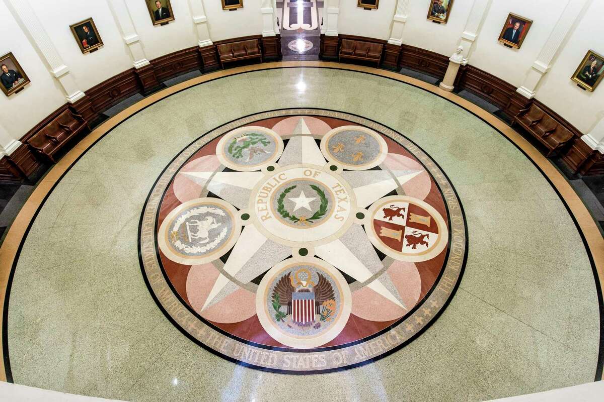 Interior of the Capitol in Austin shows the six nations (six flags) that governed Texas.