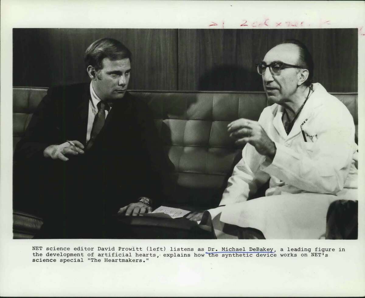 NET science editor David Prowitt (left) listens as Dr. Michael DeBakey, a leading figure in the development of artificial hearts, explains how the synthetic device works on NET's science special "The Heartmakers." Study in Progress--Dr. Michael DeBakey, Houston's world-renowned heart surgeon, leads Ron Stone and the viewers through a fascinating TV tour of his world of research into the workings of the human heart.