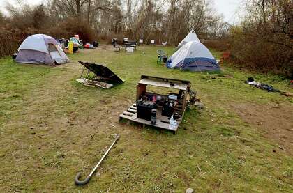 The West River Encampment for the homeless behind by Ella Grasso Boulevard in New Haven on Dec. 2, 2020.