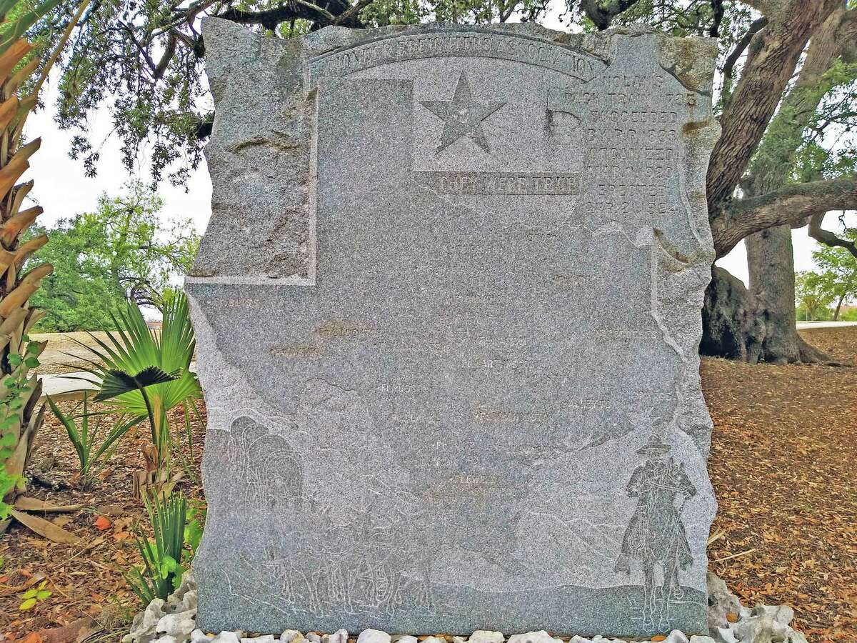 This granite monument in San Pedro Springs Park, placed by the Pioneer Freighters Association in 1924, commemorates the service of the men who transported goods across Texas in the mid-19th century. It references "Nolan's Pack Train 1785," but experts believe that likely is an error in the date; Philip Nolan's pack train was in San Antonio de Bexar in 1794-1795 with permission to export horses to Louisiana.