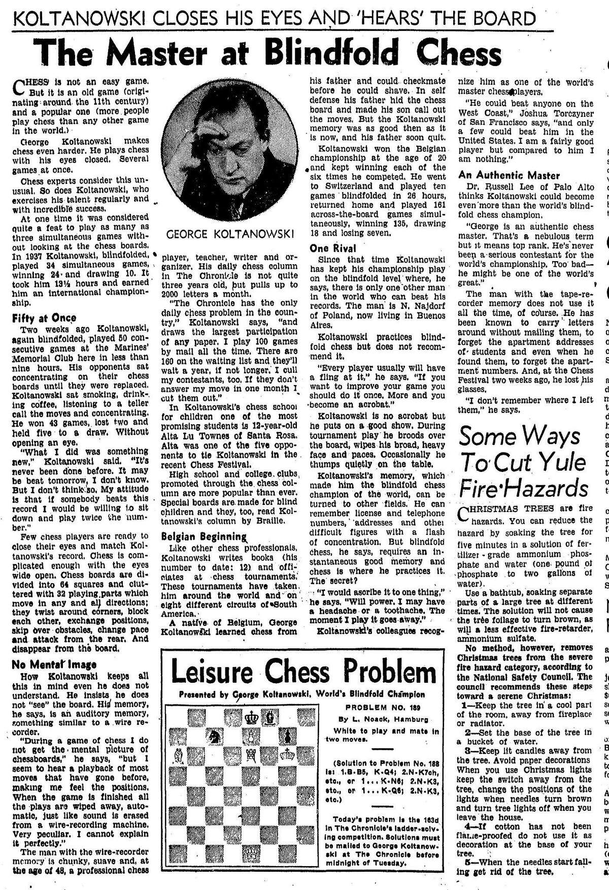 1951年，《纪事报》的国际象棋专栏作家乔治·科尔塔诺克斯(George Koltanowksi)用他的蒙眼国际象棋技巧震惊了国际象棋界和公众。