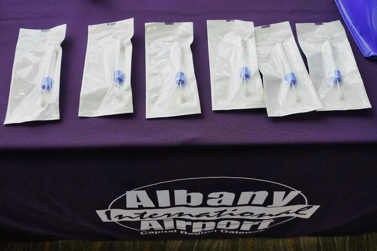 A view of some saliva test kits developed at SUNY Upstate Medical University, seen at a press conference at the Albany International Airport on Sunday, Dec. 6, 2020, in Colonie, N.Y. It was announced at the press conference that that the saliva test is planned to be used to test all airport employees and ultimately be available to passengers for a fee. (Paul Buckowski/Times Union)