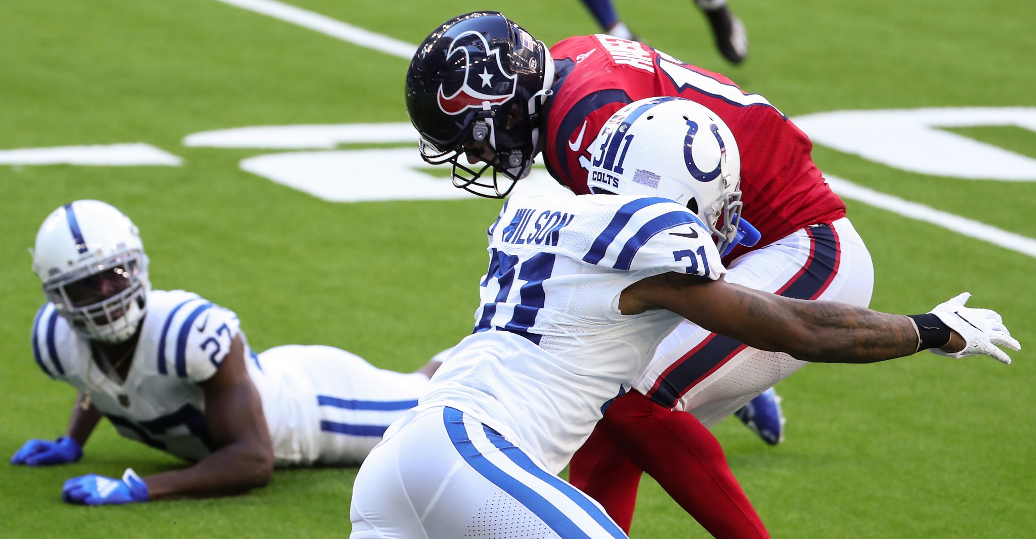 Houston Texans wide receiver Chad Hansen (17) celebrates a touchdown with  quarterback Deshaun Watson (4) n the first half of an NFL football game  against the Indianapolis Colts in Indianapolis, Sunday, Dec.