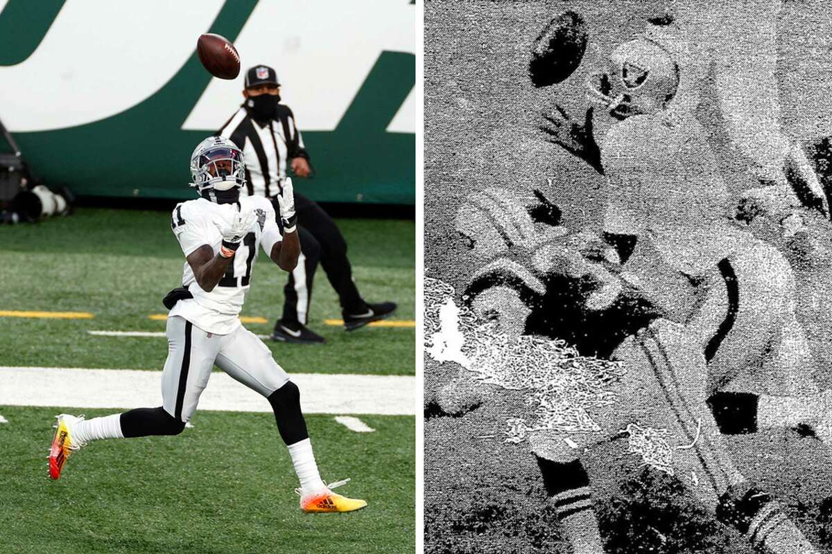 A half century apart, Henry Ruggs III, left, and Warren Wells caught go-ahead touchdown passes in the final seconds to help the Raiders beat the host Jets.