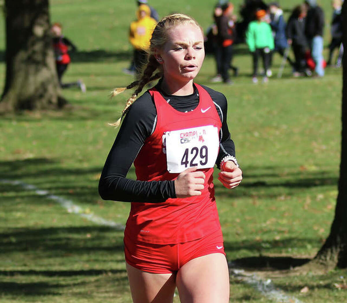 Staunton senior Dana Jarden, shown running in the Decatur St. Teresa Class 1A Sectional in Forsyth, as among the high school cross country runners honored among 2020’s best by the Alton Road Runners Club.