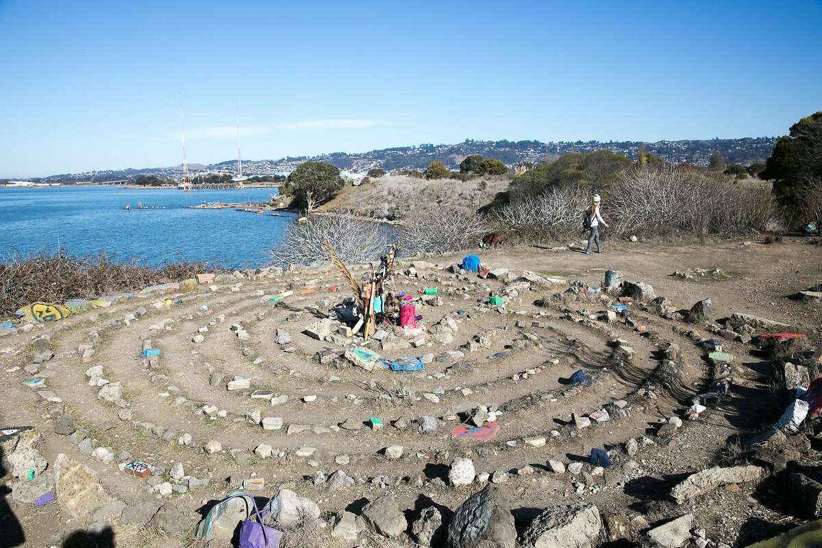 A rock labyrinth is one of the many works of art on the Albany Bulb on Dec. 2, 2020. The Bulb is a former construction debris landfill peninsula that sticks out into San Francisco Bay in Albany, Calif.