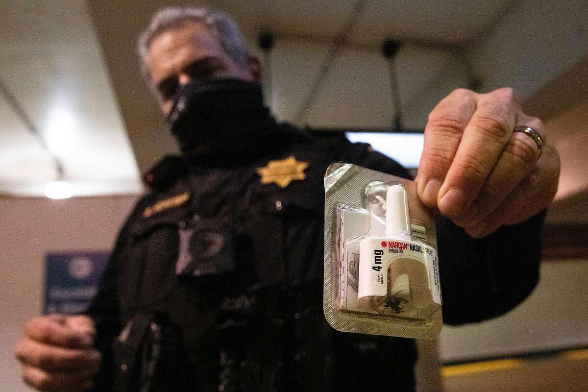 BART police Officer Eric Hofstein displays the dose of Narcan he carries to administer in case of drug overdose.