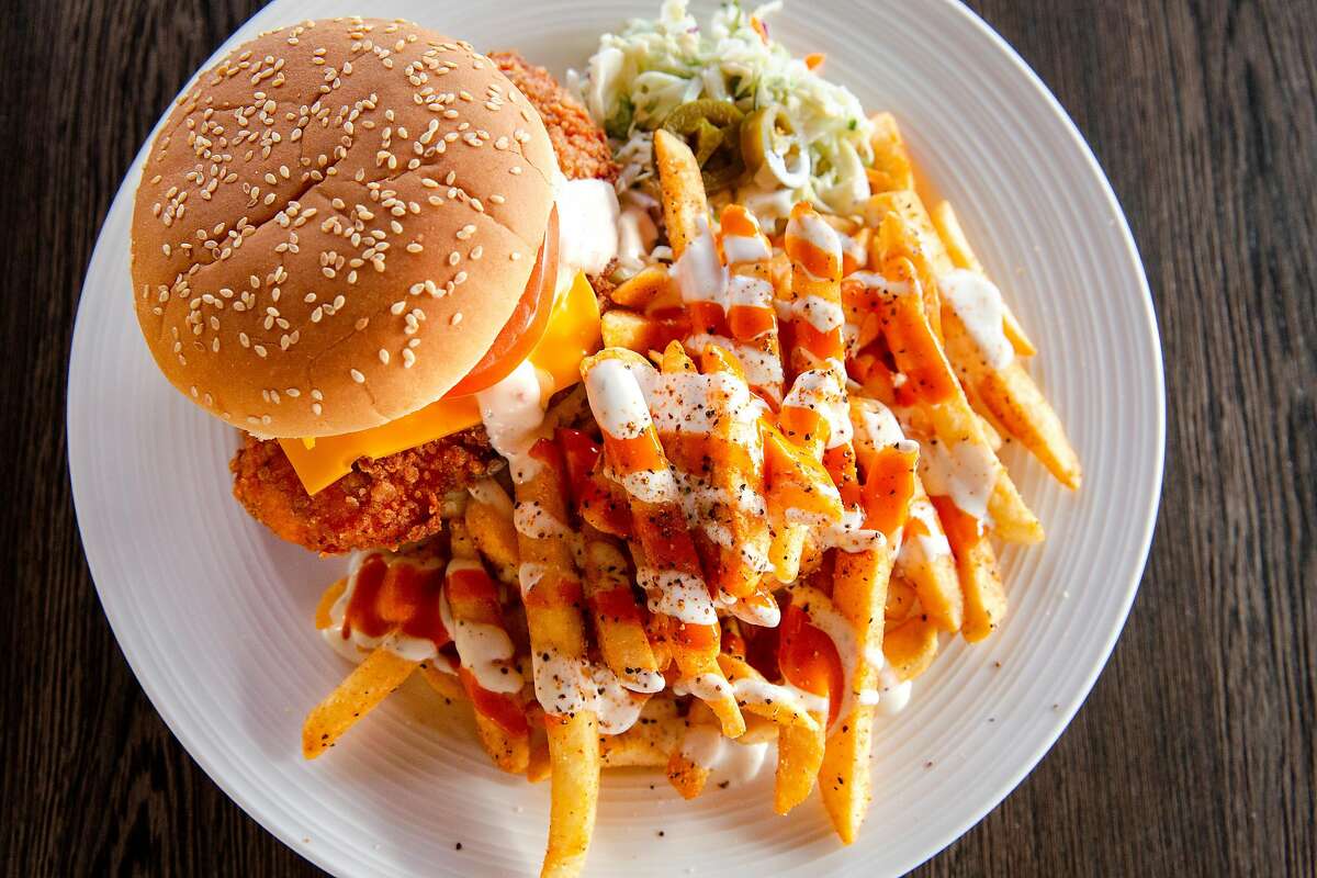 The spicy crispy chicken sandwich and fries at Mirchi Cafe in Dublin shows off the cuisine’s cultural fusion.