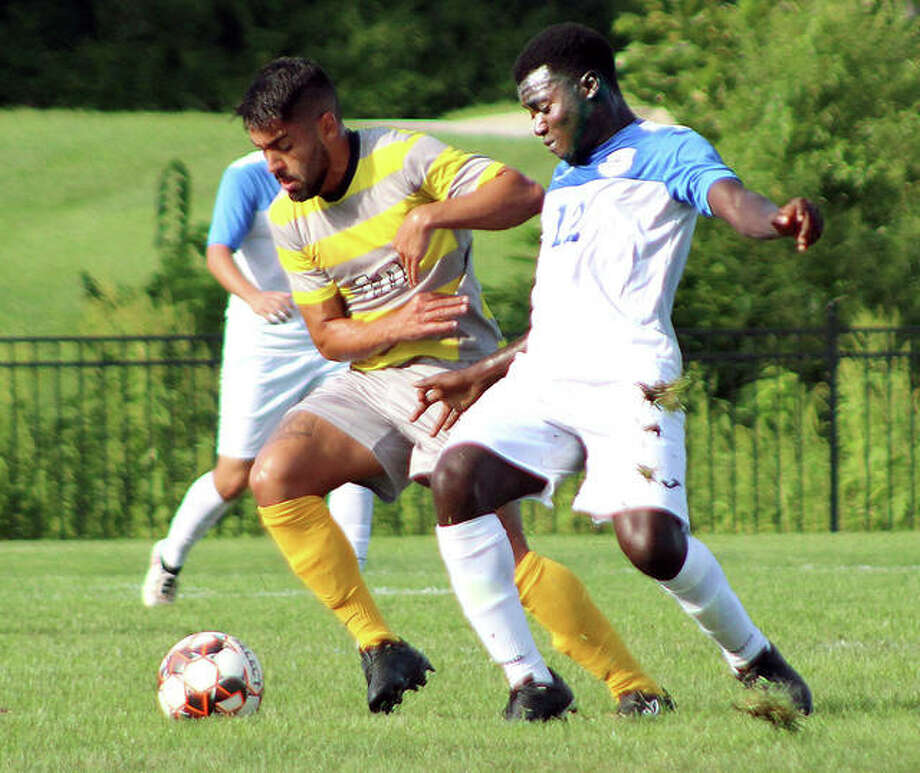 LCCC’s Kofi Awuah, right, is one of nine international players who figure to play next spring when the Trailblazers and the NJCAA play the rescheduled men’s soccer season. Awuah is a sophomore from Ontario, Canada. He is down in action last season. Photo: Pete Hayes File | The Telegraph