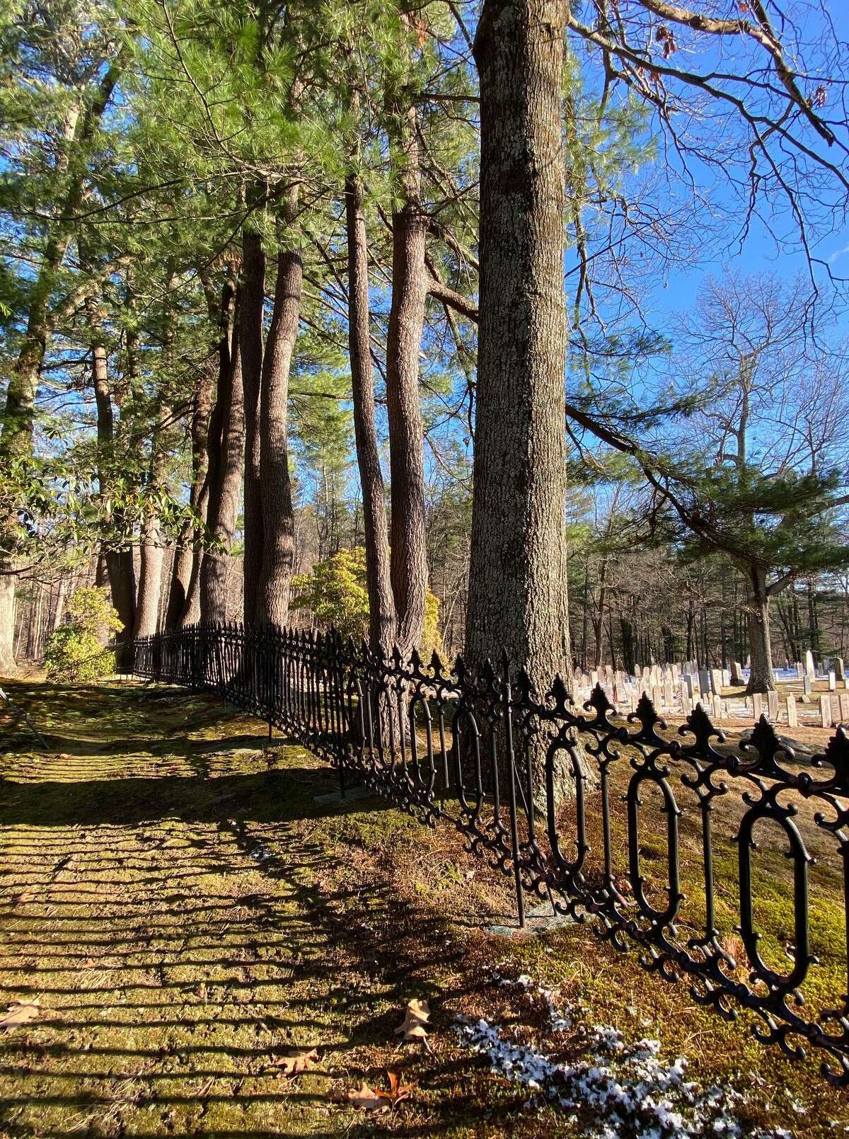 The striking fence that borders Judea Cemetery casts shadows on the browning grass along Judea Cemetery Road.