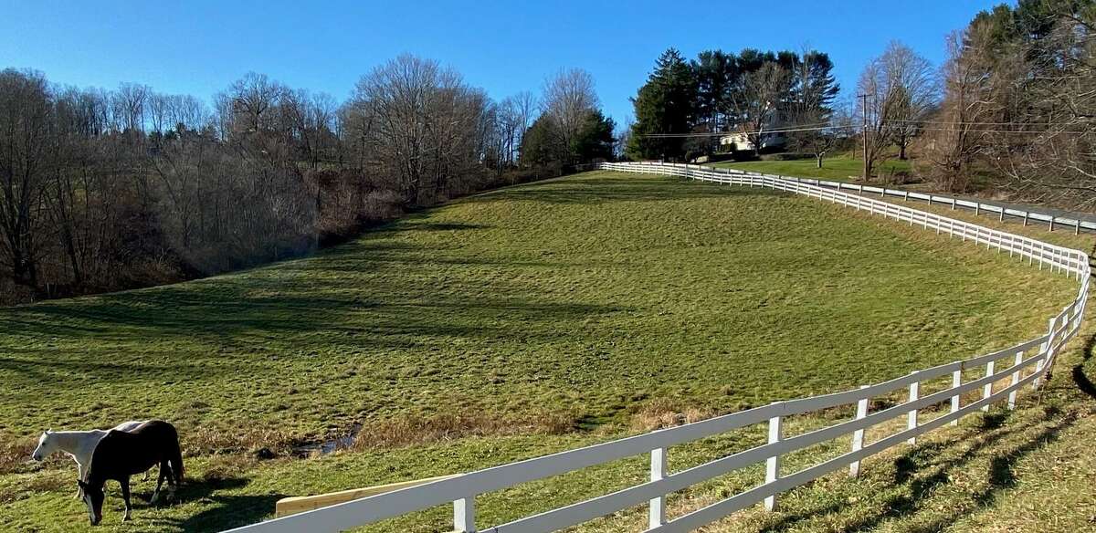 A winding fence, protecting two horses, follows the curve of New Preston Hill Road.