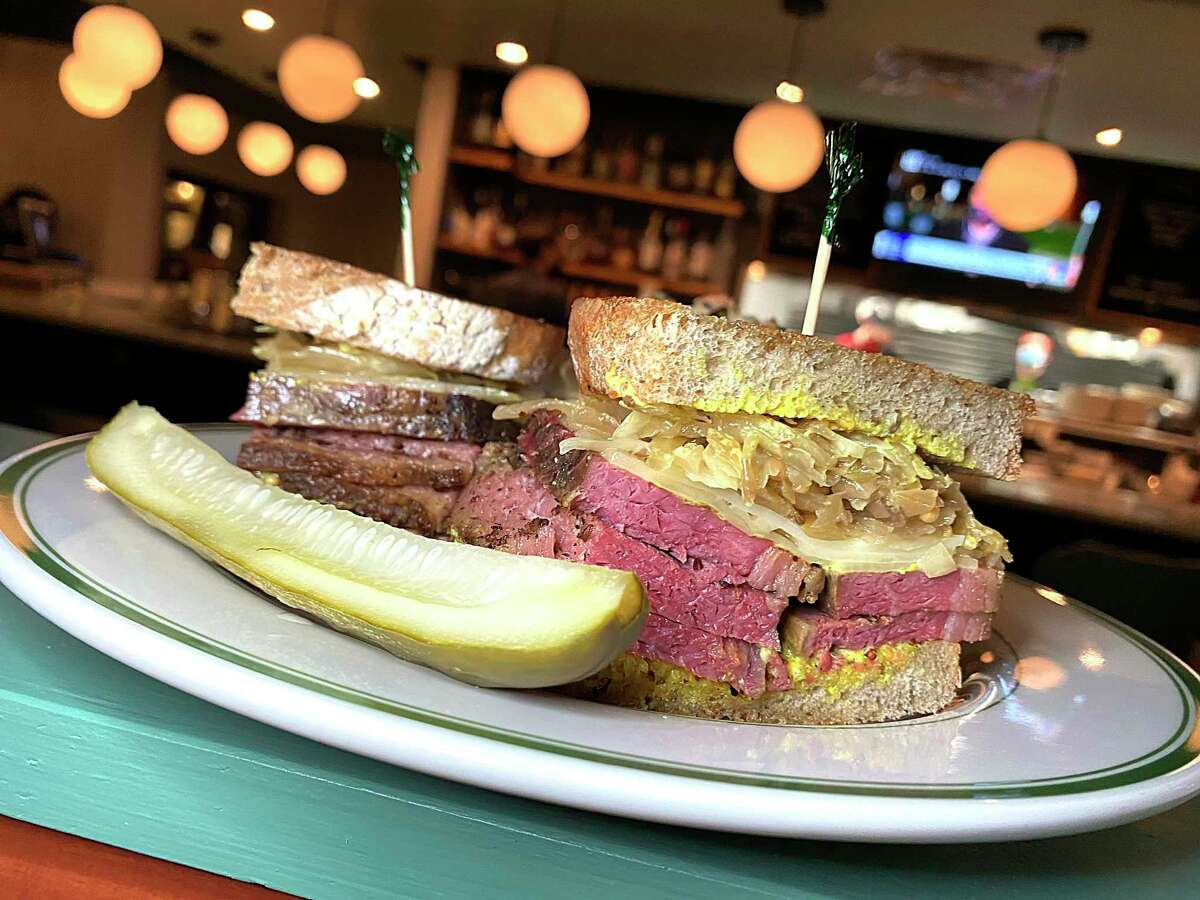 The Hayden on Broadway cures and smokes its own pastrami for a pastrami and Swiss sandwich with sauerkraut and deli mustard.