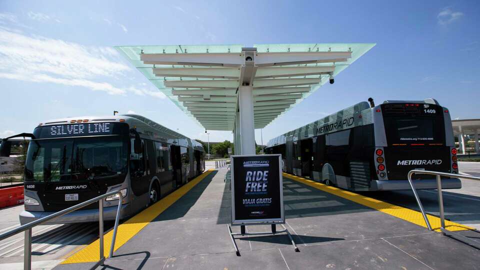 The Silver Line buses waiting to take riders southbound Sunday, Aug. 23, 2020, at Northwest Transit Center in Houston. Started Sunday, the line is Houston's first foray into bus rapid transit. Vehicles are using mostly dedicated lanes to ferry riders from the new Lower Uptown Westpark Transit Center, going along Post Oak Boulevard and eventually to the Northwest Transit Center with eight stops in between.