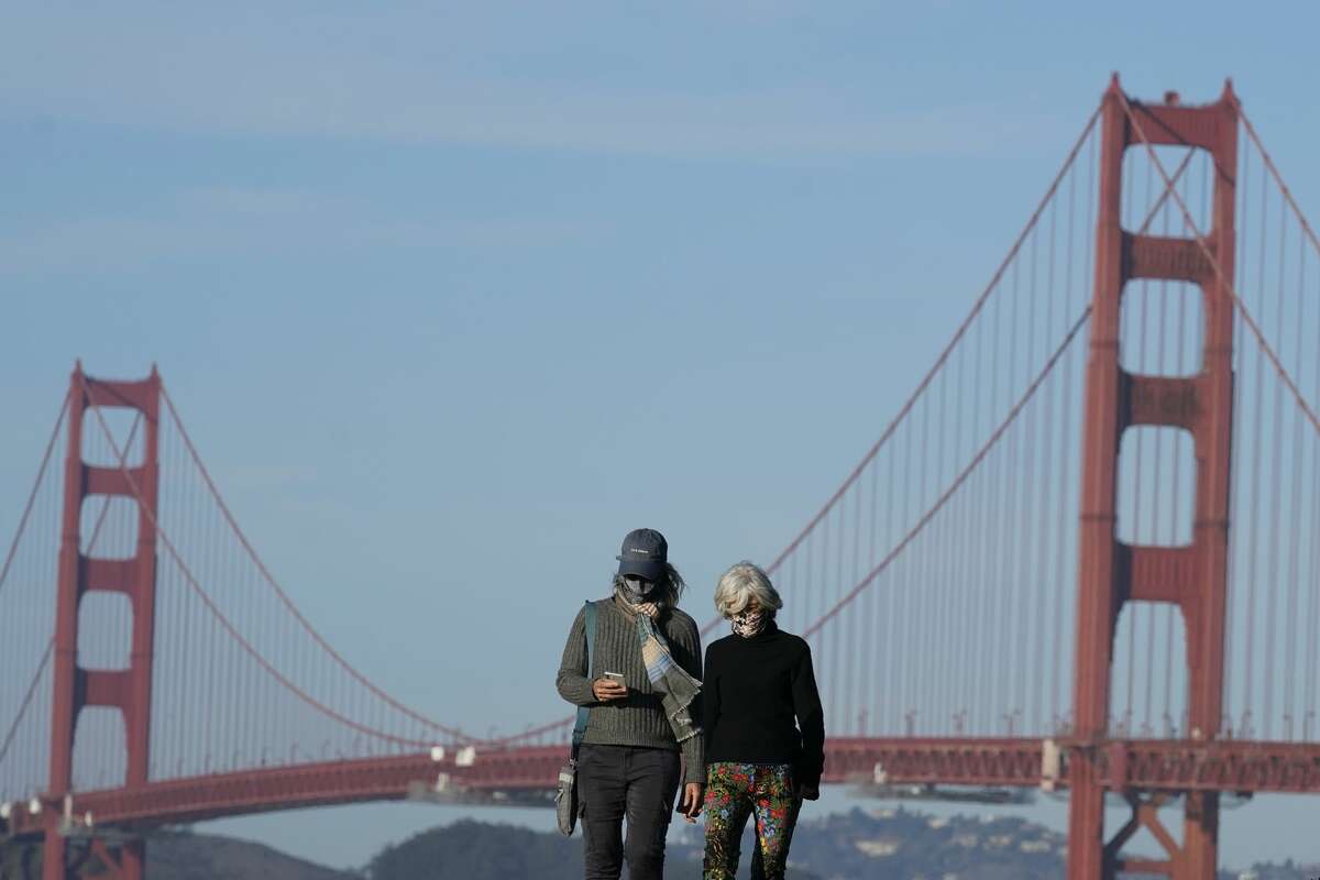 People wearing masks walk on a path in front of the Golden Gate Bridge during the coronavirus pandemic in San Francisco, Monday, Nov. 30, 2020.