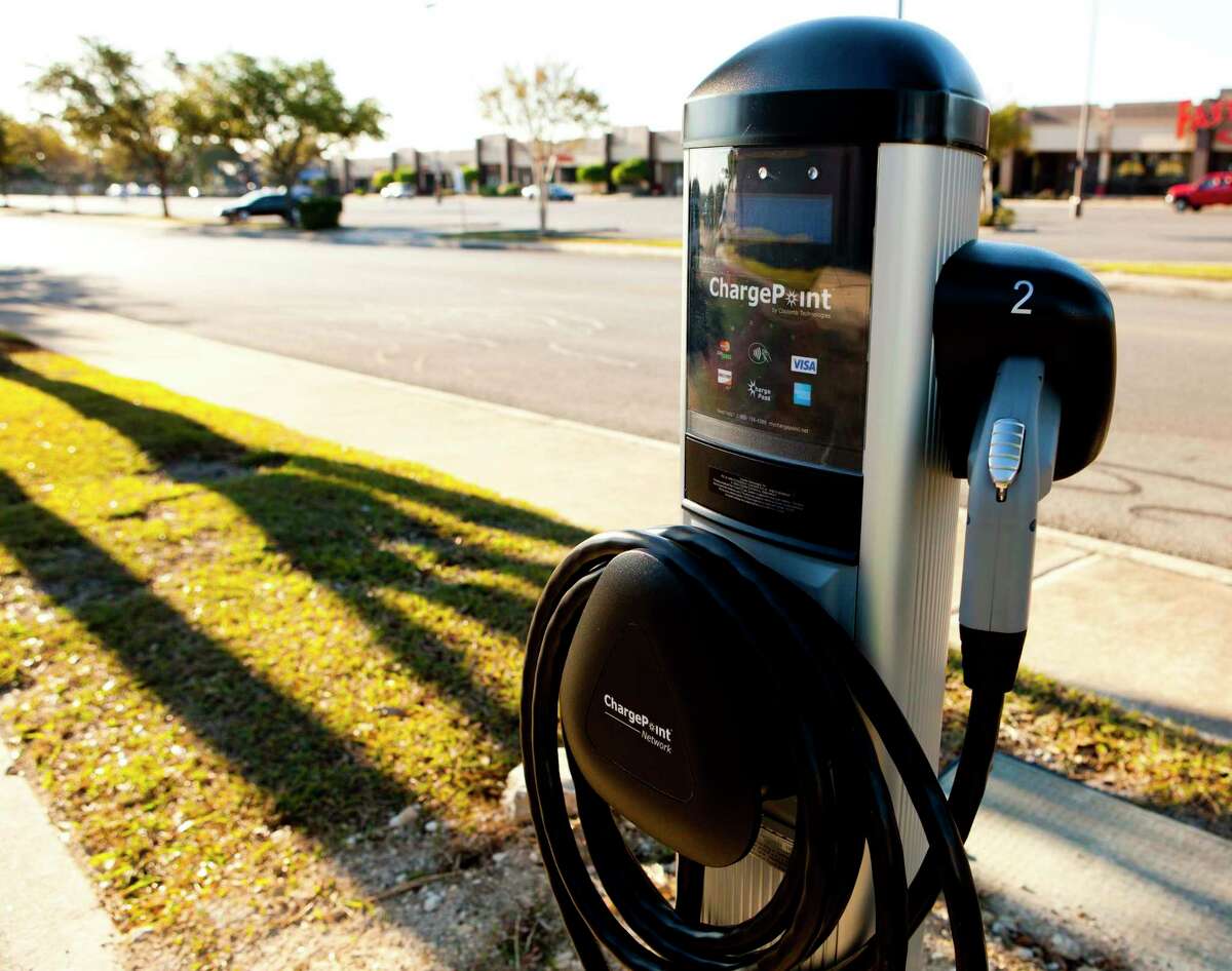 A level two charger, which can fully charge a car in two-three hours, sits outside of Embassy Theaters off U.S. 281 near Bitters Road. CPS Energy estimates there will be 50,000 electric vehicles in the city by 2030. As of July, there were already 4,400 registered EVs in San Antonio, according to CPS.
