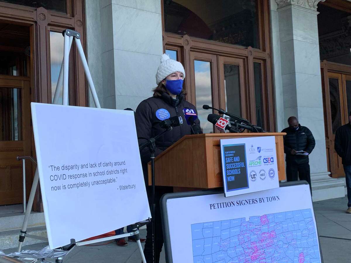 Mary Yordon, president of the Norwalk Federation of Teachers, at a rally held at the State Capitol in Hartford. Dec. 10, 2020