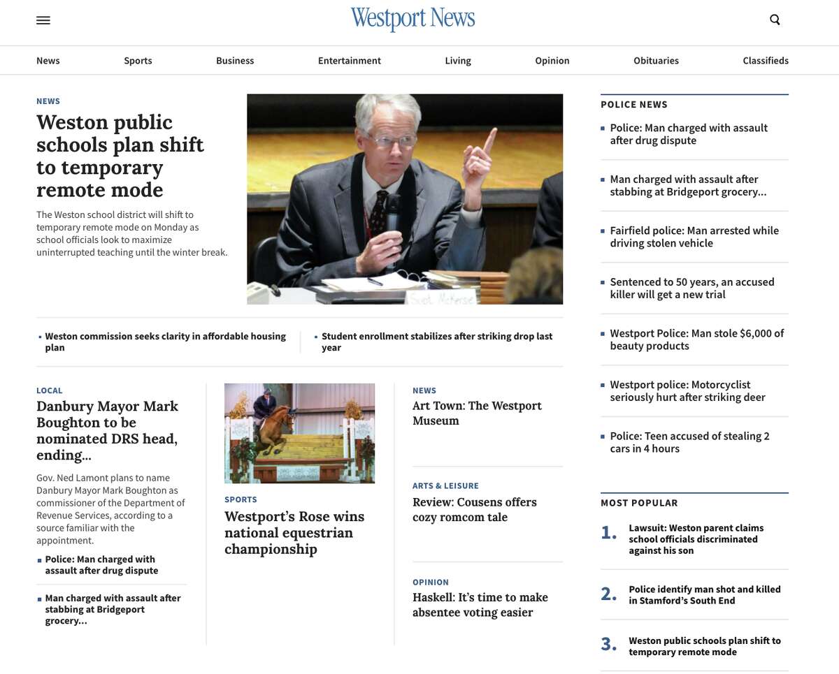 The homepage of the new Westport-News.com.