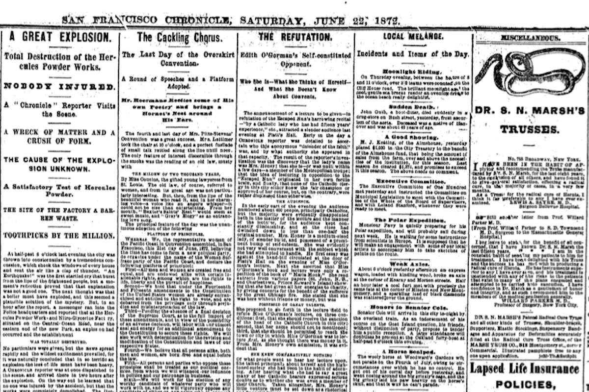 A newspaper clipping from the San Francisco Chronicle detailing one of the explosions on June 22, 1872.