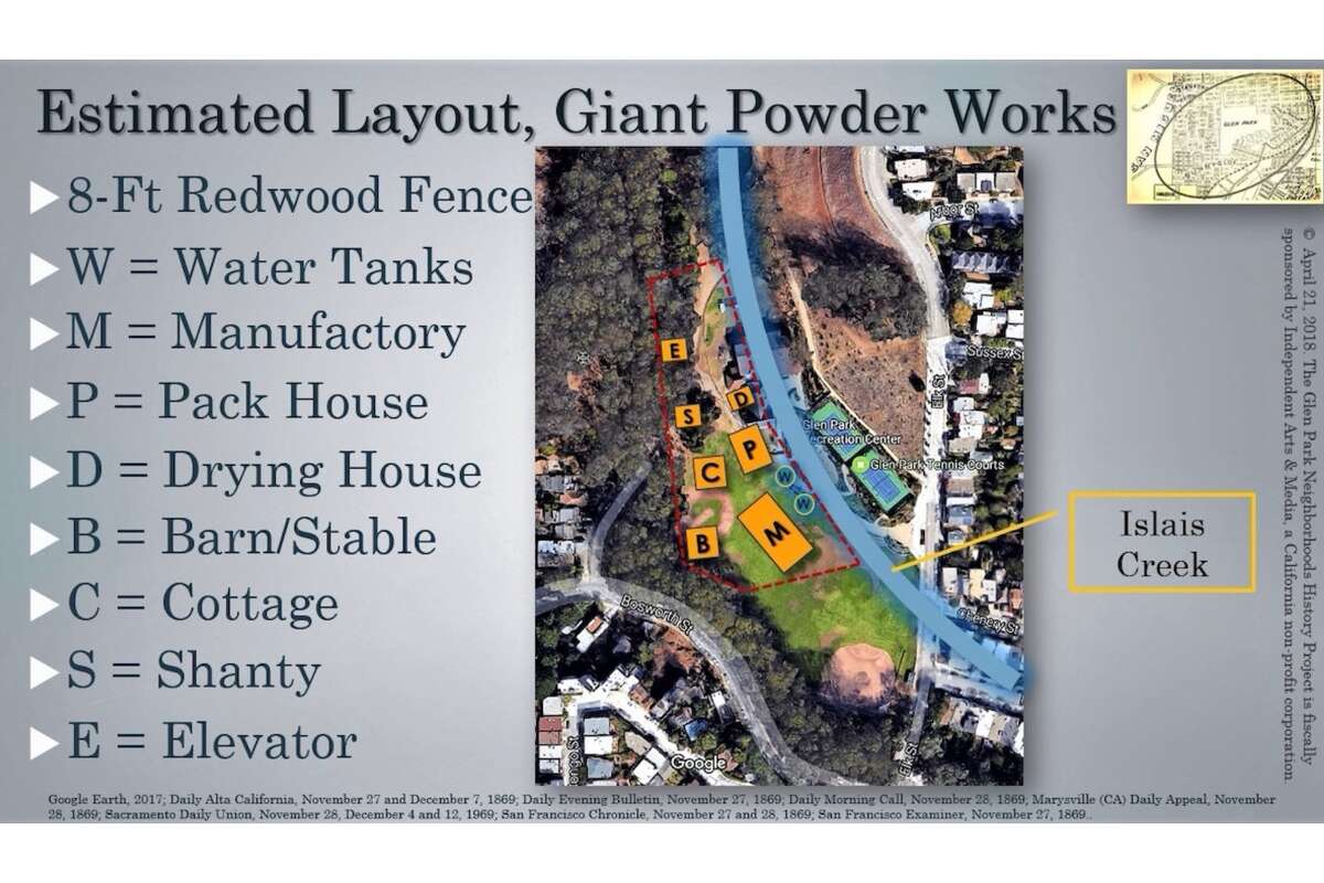 An estimate of the location of the facilities of Giant Powder Company, based on descriptions from various newspaper reports describing the explosion that occurred on Nov. 26, 1869.