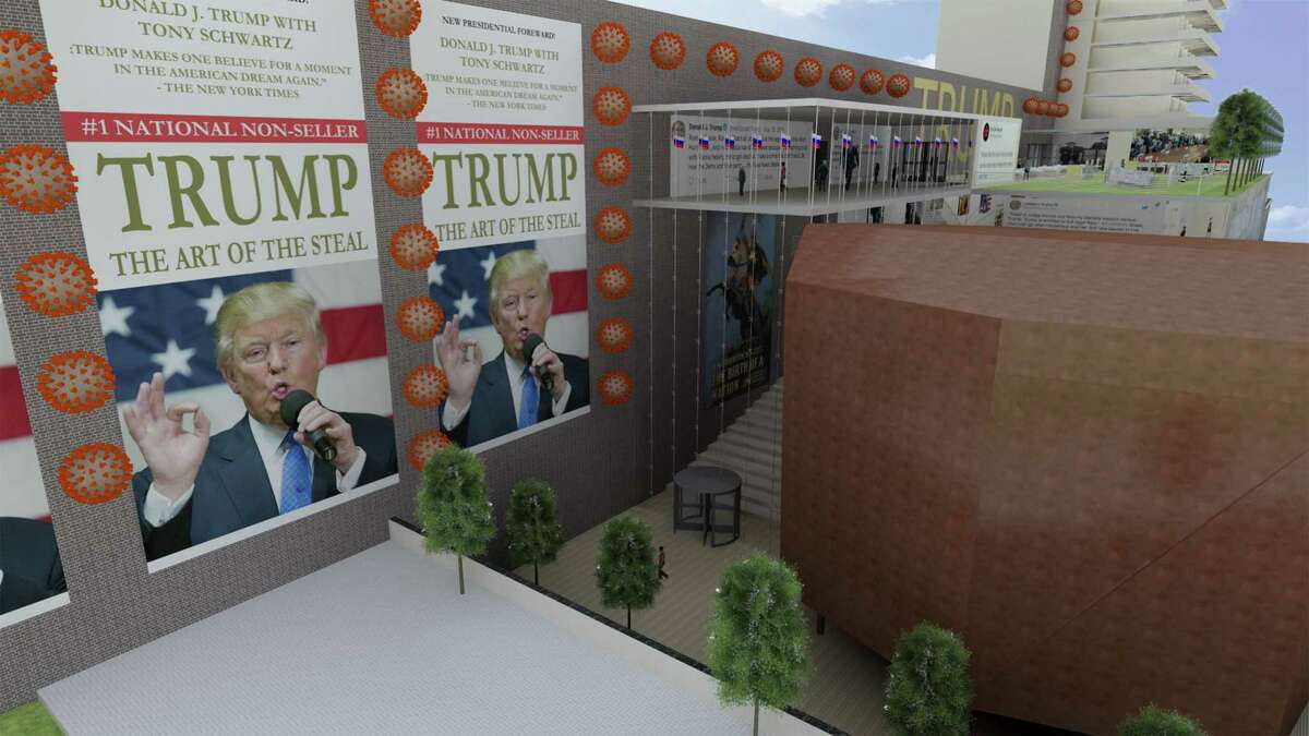 A rendering by an anonymous architect of a fictional Trump Presidential Library shows the building's entry framed by depictions of the novel coronavirus and a take on Trump's "Art of the Deal." (Photo courtesy of djtrumplibrary.com)