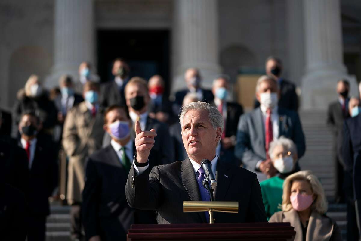 House Minority Leader Kevin McCarthy (R-CA), surrounded fellow House Republicans, speaks during a news conference outside the U.S. Capitol December 10, 2020 in Washington, DC. McCarthy and House Republicans discussed their desire to extend the Paycheck Protection Program and provide relief for small business owners and their employees who have been hurt by the coronavirus pandemic. (Photo by Drew Angerer/Getty Images)