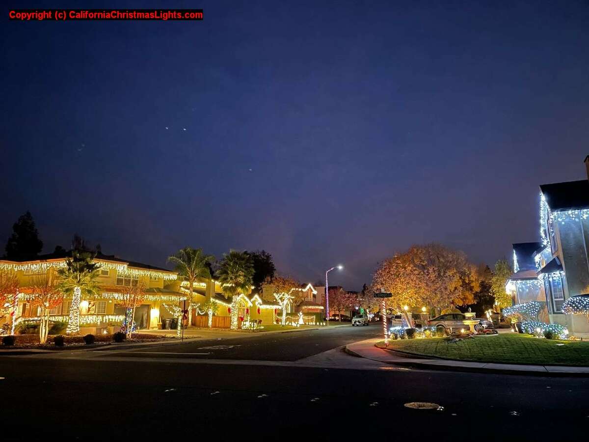 1234 Riesling Circle, Livermore, Alameda County, 94550 This U-shaped street in Livermore has 26 decorated houses and is walkable, with socially distanced hay bales to sit on. There will be outdoor movies projected on one garage for people to watch three classic cartoons from the 1930s and 1940s. People can watch and listen from the safety of their vehicle. The lights will be on nightly from 5 to 10 p.m. through Jan. 1.
