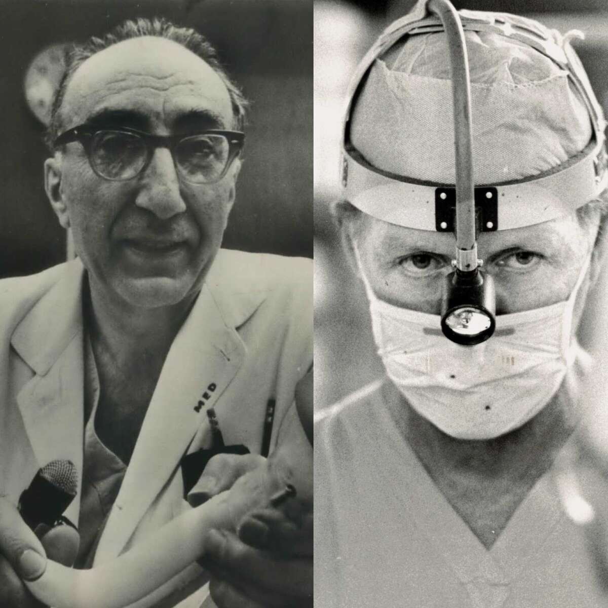 Dr. Michael E. DeBakey, (left), Dr. Denton A. Cooley (right).
