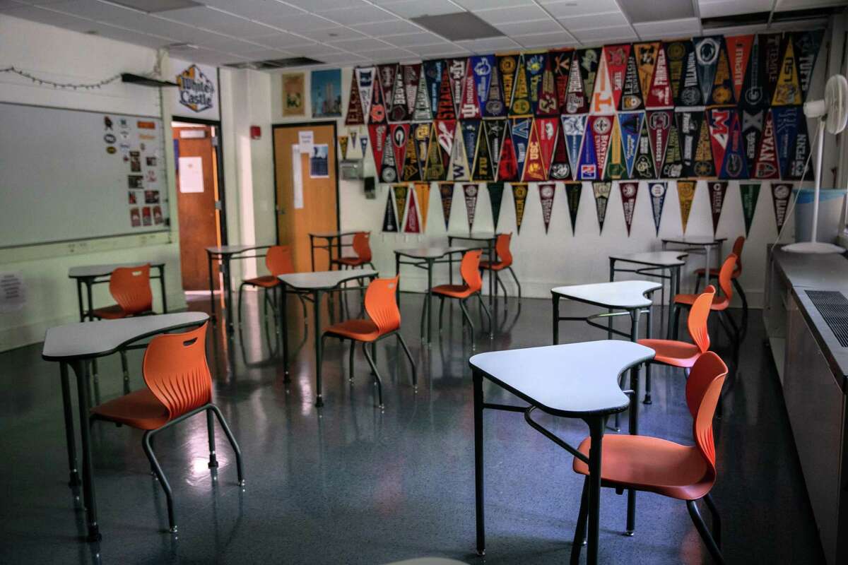 Classroom desks sit socially-distanced ahead of the return of students on August 26, 2020 in Stamford, Connecticut.