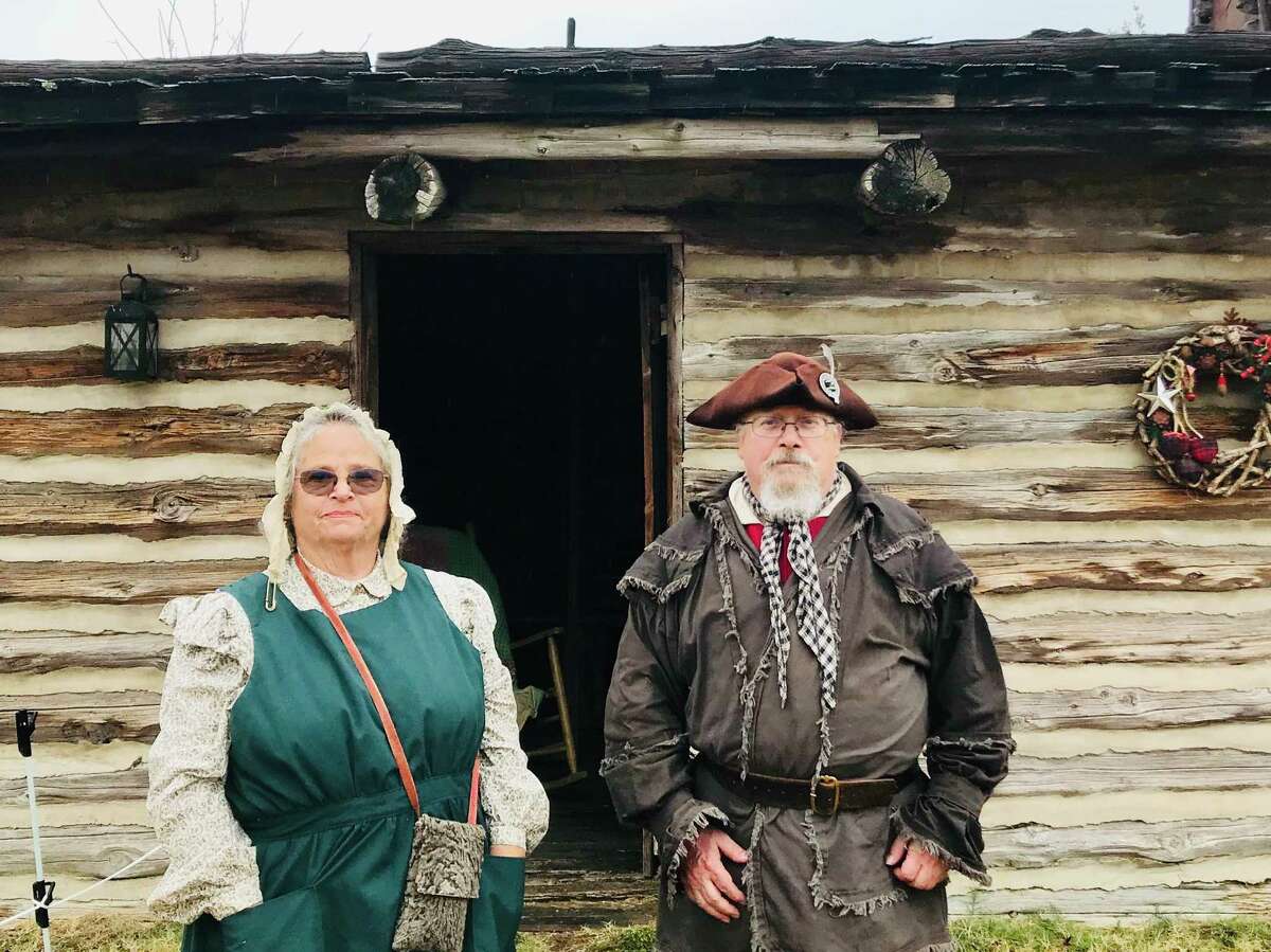Novalene Thurston and Joe Simmons are volunteers at Old Fort Parker. Thurston, a retired science teacher, tells stories about pioneer days. Simmons, a retired Army officer, demonstrates flint and steel fire-starting.