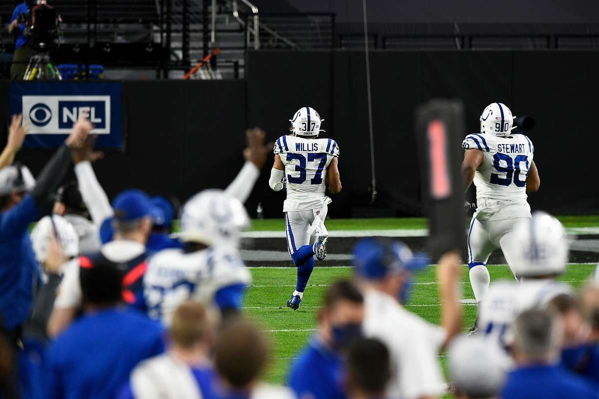 LAS VEGAS, NEVADA - DECEMBER 13: Strong safety Khari Willis #37 of the Indianapolis Colts returns an interception for a touchdown against the Las Vegas Raiders in the second half of their game at Allegiant Stadium on December 13, 2020 in Las Vegas, Nevada. (Photo by Chris Unger/Getty Images)