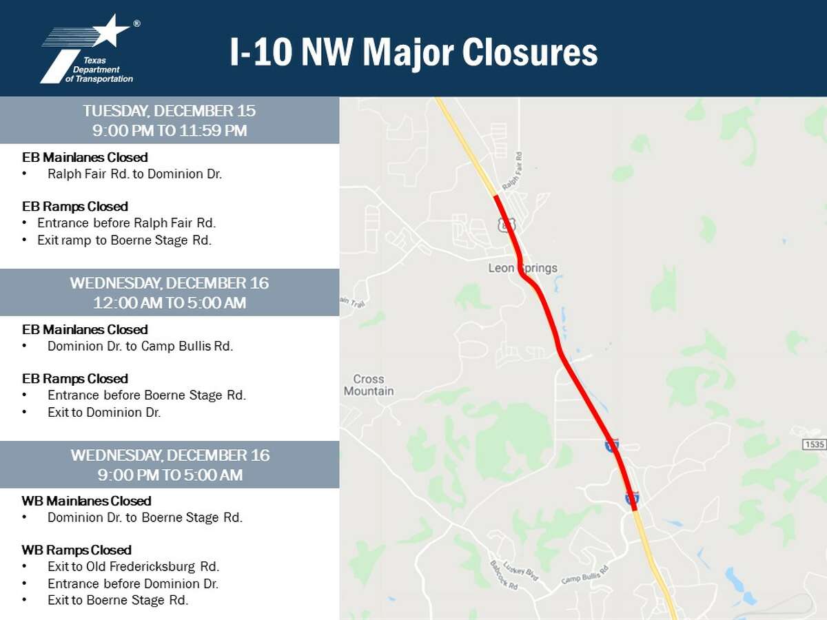 The Texas Department of Transportation said portions of Interstate 10 on the Northwest Side will experience closures Tuesday and Wednesday nights so that crews can install digital message boards as part of the I-10 Expansion Project.